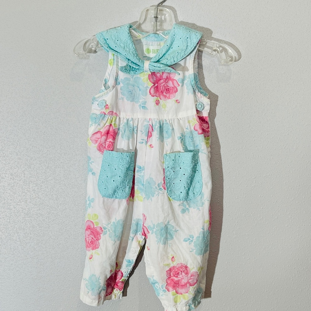 Baby Lulu Vintage Boutique Linen Blend Floral Romper Eyelet Lace Infant 9 Month
